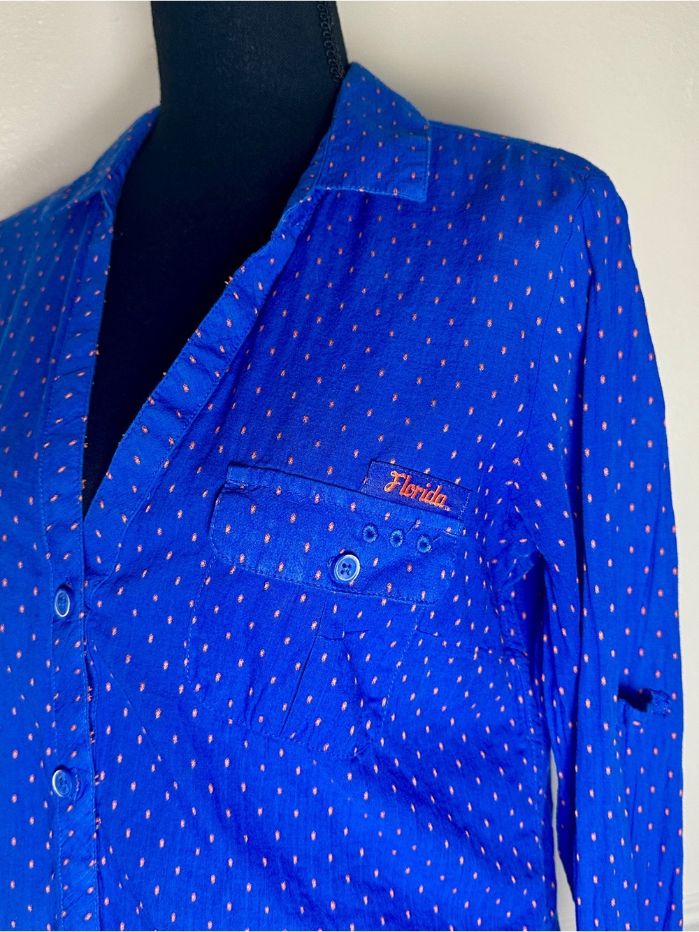 Women's Royal Blue Button-Down Shirt with Subtle Dot Print - Picture 2 of 10